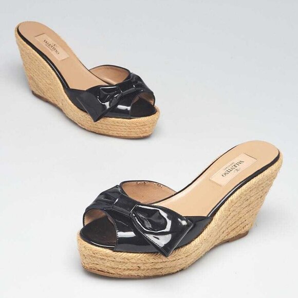 Valentino Black Patent Leather Espadrille Bow Wedges Size 5.5/36 - Picture 1 of 5
